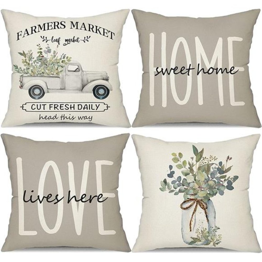 Farmhouse Pillow Covers 18x18 Set of 4 Eucalyptus Leaves Decorations Cute Decor
